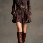 Plaid Print Lapel Long Sleeve Fitted Waist Pocket Casual Mini Dress
