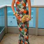 Little Mermaid Colorful Scales Print Halter Maxi Dress
