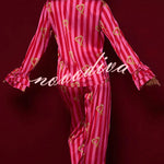 Festive Season Long Candy Stripe Tiered Bell Cuffs Elastic Waist Pocketed Pajama Set