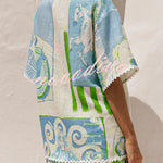 Pierre Linen Blend Ric Rac Trims Unique Print Short Sleeve Shirt and Wrap Tie-up Mini Skirt Set