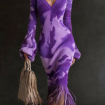 Unique Printed V-neck Long-sleeved Elegant Tassel Hem Midi Dress