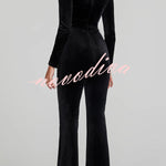 Classic Charm Velvet Jewel Embellished Trim Long Sleeve Flare Jumpsuit