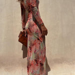 Charm Lady Mesh Overlay Tie Dye Print Long Sleeve Ruched Stretch Midi Dress