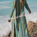 Eleanor Knit Colorful Wave Unique Print Shirt U-neck Long Sleeve Slit Maxi Dress