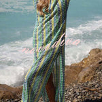 Eleanor Knit Colorful Wave Unique Print Shirt U-neck Long Sleeve Slit Maxi Dress