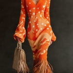 Unique Printed V-neck Long-sleeved Elegant Tassel Hem Midi Dress