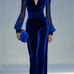 Solid Color Velvet V-neck Long-sleeved Elegant Fitted Jumpsuit