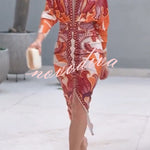 Brazilian Style Unique Print Dolman Long Sleeve Ruched Slit Midi Dress