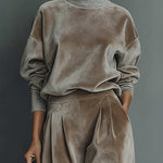 Stylish Velvet Turtleneck Long-sleeved Top and Casual Pocket Wide-leg Pants Set