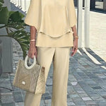 Fashion Round Neck Half Sleeve Loose Top and Elastic Waist Casual Straight Pants Set