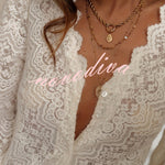 Fashionable Openwork Lace Long-sleeved V-neck Elegant Shirt