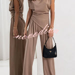 Jordy Ruched Shoulder Slit Top and Elastic Waist Pocketed Wide Leg Pants Set