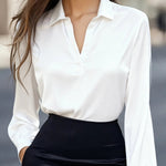 Solid Color Satin V-neck Long-sleeved Elegant Shirt