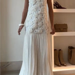 Indulge in Floral Applique Pleated Chiffon Hem Slip Maxi Dress