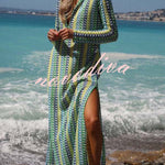 Eleanor Knit Colorful Wave Unique Print Shirt U-neck Long Sleeve Slit Maxi Dress