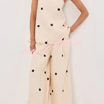 Linen Blend Polka Dot Bandeau Top and Elastic Waist Pocket Wide Leg Pants Set