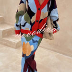 Bright and Bold Satin Abstract Color Blocks Print Elastic Waist Drape Maxi Skirt