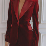 Delicate Daze Velvet Satin Lapel Button Up Long Sleeve Tapered Waist Blazer