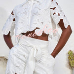 Redefining Elegance Floral Lace Cropped Shirt and Belt Pocketed Wide Leg Pants Set