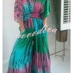 Candis Tie-dye Print Kimono Sleeve Pocketed Smoked Waist Wide Leg Jumpsuit