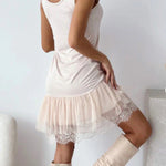 Breezy City Tulle Lace Tiered Hem Stretch Tank Mini Dress