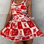Holiday Colors Ric Rac Trims Unique Print Cutout Round Neck Mini Dress