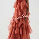 Free - Flowing Rose Detail Tiered Ruffles Halter A-line Maxi Dress