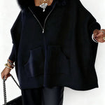 Warm Call Knit Long Sleeve Zipper Plush Hooded Pocket Loose Cardigan