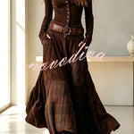 Retro-style Patchwork Single-breasted Long-sleeved Casual Pocket Maxi Dress