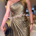 Midnight Kiss Metallic Fabric One Shoulder Cutout Pleated Maxi Dress