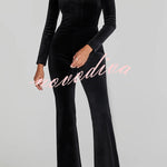 Classic Charm Velvet Jewel Embellished Trim Long Sleeve Flare Jumpsuit
