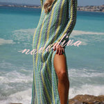 Eleanor Knit Colorful Wave Unique Print Shirt U-neck Long Sleeve Slit Maxi Dress