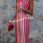 Sunset Breeze Linen Blend Colorful Stripes Cross Halter Flare Maxi Dress