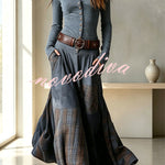 Retro-style Patchwork Single-breasted Long-sleeved Casual Pocket Maxi Dress