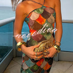 Little Mermaid Colorful Scales Print Halter Maxi Dress
