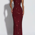 Calanthe Sequin Embellished Chiffon Ruched Square Neck Back Lace-up Maxi Dress