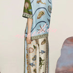 Deep Sea Dreaming Satin Unique Print Short Sleeve Shirt and Elastic Waist Pocketed Pants Set