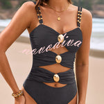 Fashionable Color-blocked Metal Button Stretch One-piece Swimsuit