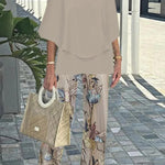Fashion Round Neck Half Sleeve Loose Top and Elastic Waist Casual Straight Pants Set