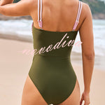 Fashionable Color-blocked Metal Button Stretch One-piece Swimsuit