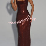 Mirabella Sequin Pleated Cowl Scooped Neckline Back Lace-up Strapless Maxi Dress