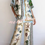 Deep Sea Dreaming Satin Unique Print Short Sleeve Shirt and Elastic Waist Pocketed Pants Set
