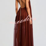 Flowing Lightweight Chiffon Chain Halter Neck Detail Backless A-line Maxi Dress