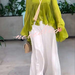 Romantic Journey Chiffon Ruffle Batwing Sleeve Top and Elastic Waist Pocket Loose Pants Set