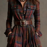 Plaid Print Lapel Long Sleeve Fitted Waist Pocket Casual Mini Dress