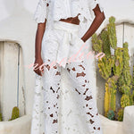 Redefining Elegance Floral Lace Cropped Shirt and Belt Pocketed Wide Leg Pants Set