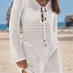Solid Color Knit Hollow V-Neck Tie Long Sleeve Cover Up Mini Dress