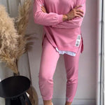 Solid Color Round Neck Long-sleeved Sweatshirt and Elastic Waist Pants Set