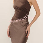 Kaia Satin Contrast Fabric Patchwork One Shoulder Ruched Maxi Dress