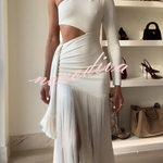 Amazing Type One Shoulder Cutout Drape Tassle Trim Stretch Maxi Dress
